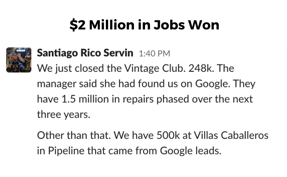 A message from santiago rico servin that says $ 2 million in jobs won
