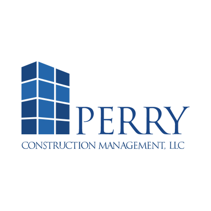 The logo for perry construction management llc is blue and white