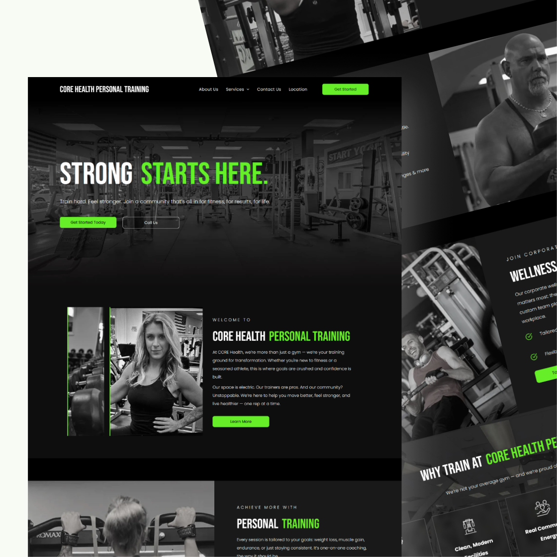 Gym website homepage featuring fitness content, green accents, and diverse workout images.