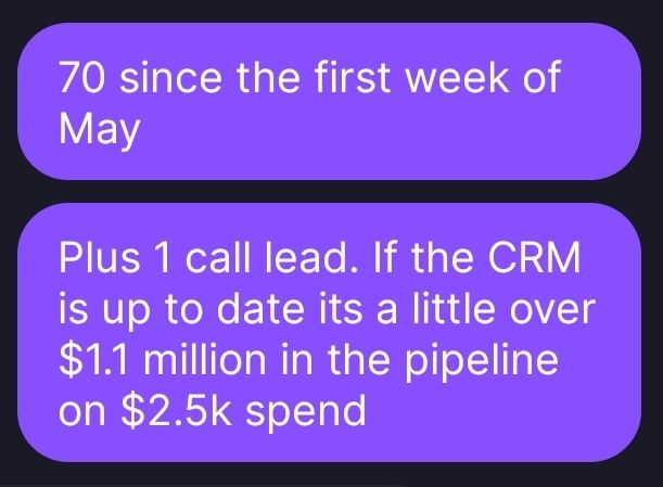 A purple text message that says 70 since the first week of may plus 1 call lead