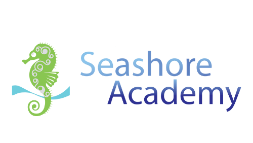 A logo for seashore academy with a seahorse on a wave.