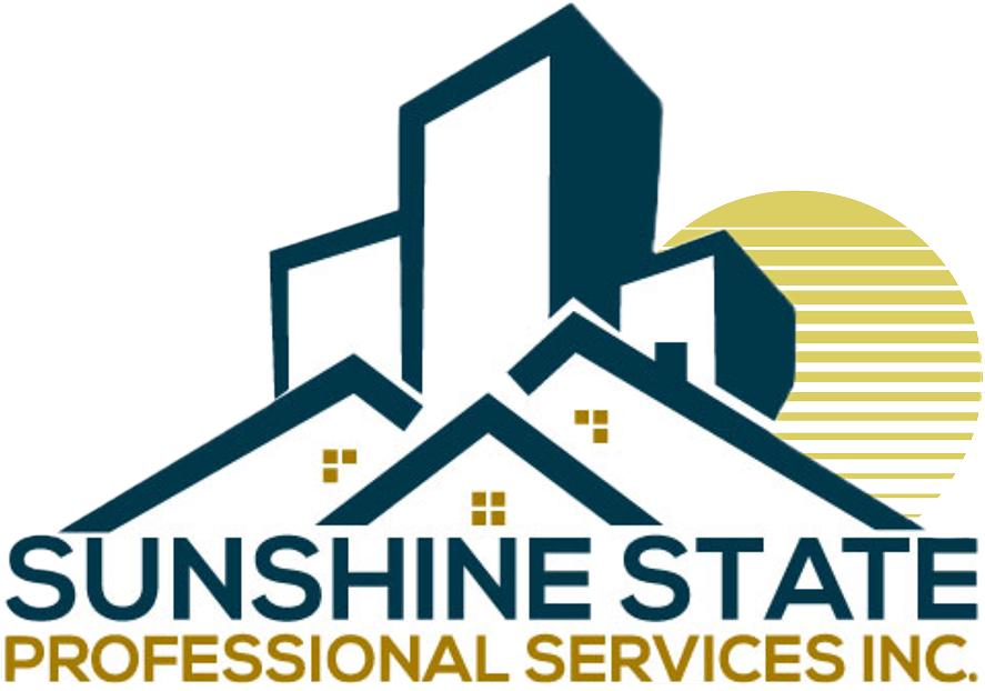 A white logo with a shadow of a building on a white background.