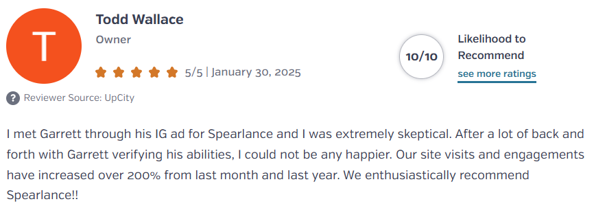 Customer review screenshot with 5 stars, orange avatar, and text praising Spear Inc. for a fast, excellent roof replacement