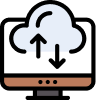 A computer monitor with a cloud and arrows pointing up and down.