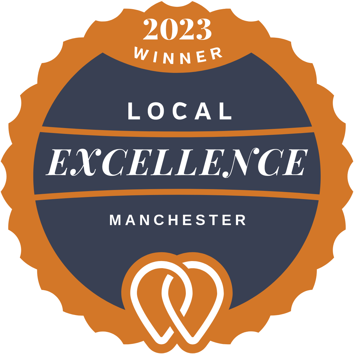 2023 winner badge for Local Excellence Manchester, orange and navy circular emblem