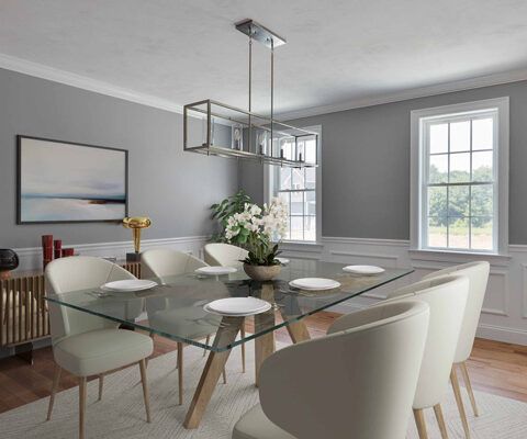 Modern dining room with glass table, white chairs, gray walls, and large windows