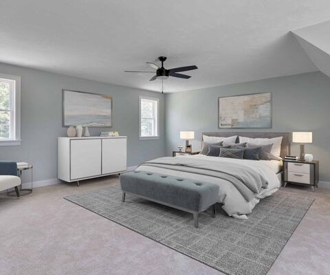 Modern gray bedroom with a bed, nightstands, dresser, and ceiling fan
