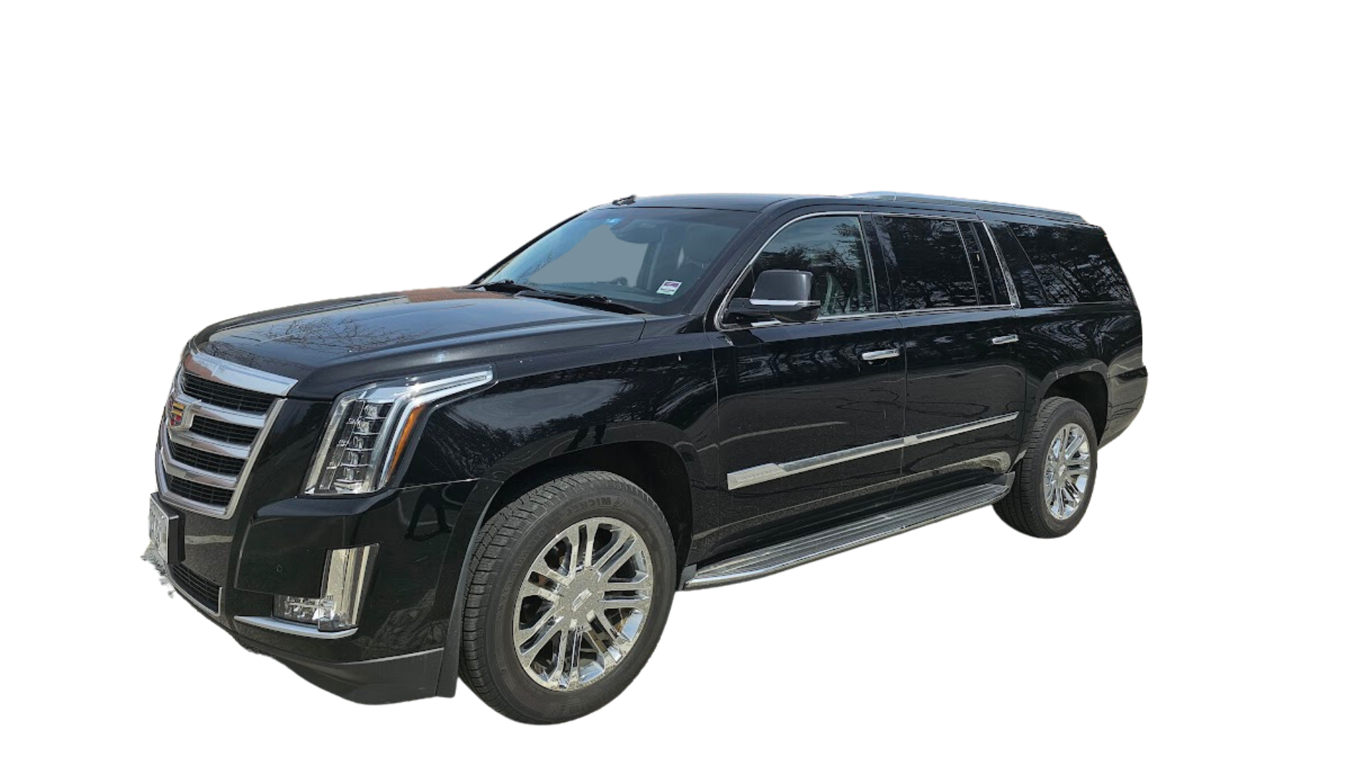 A black cadillac escalade is parked on a white background.