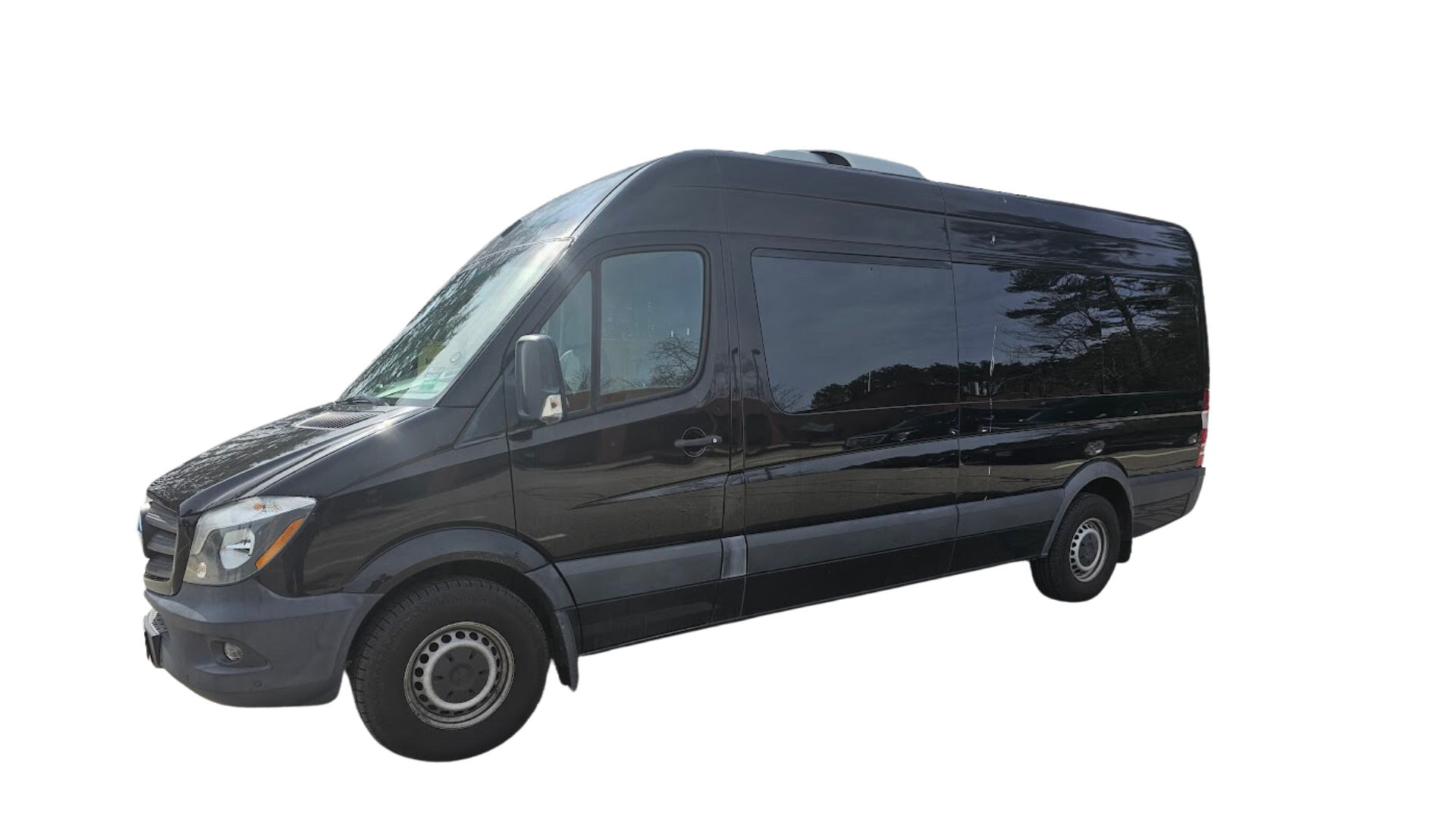 A black van is parked on a white background.