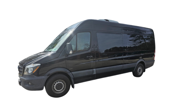 A black van is parked on a white background.