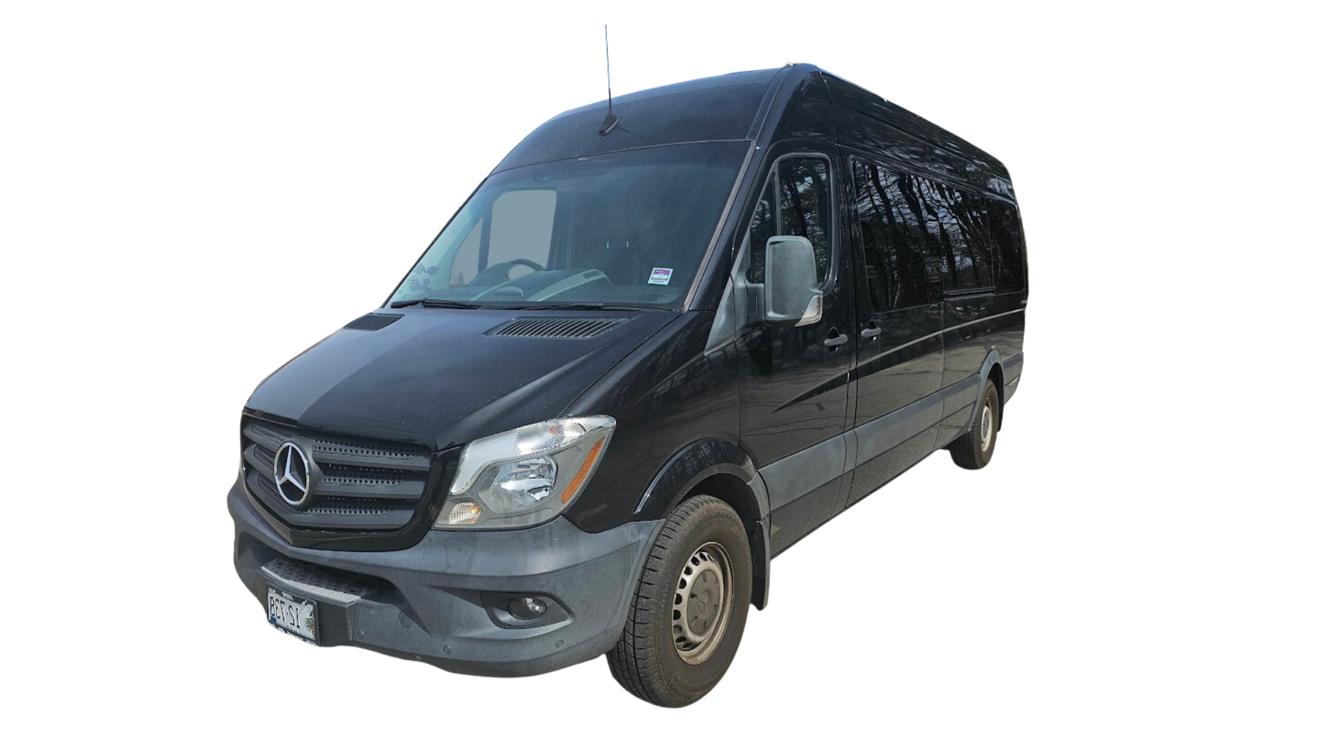 A black mercedes sprinter van is parked on a white background.