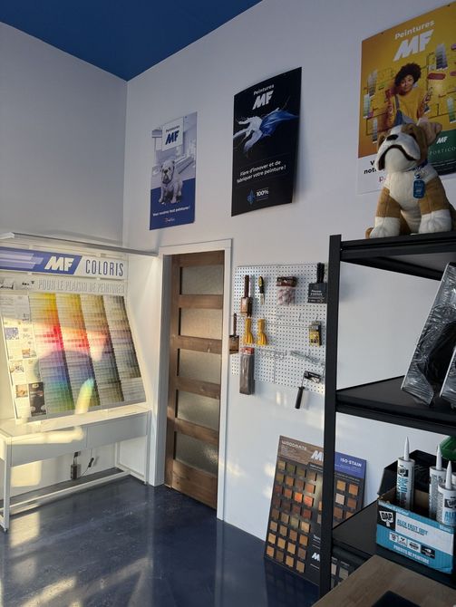 Intérieur d'un salon avec des étagères de présentation de produits, un mur d'affiches et un sol bleu foncé.