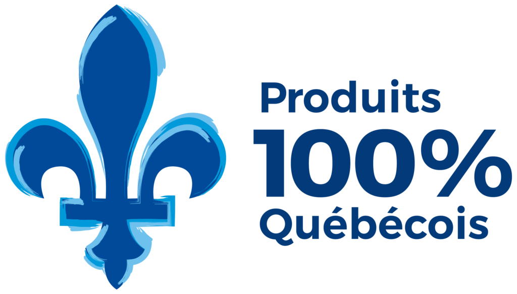 Blue fleur-de-lis logo with text “Produits 100% Québécois”