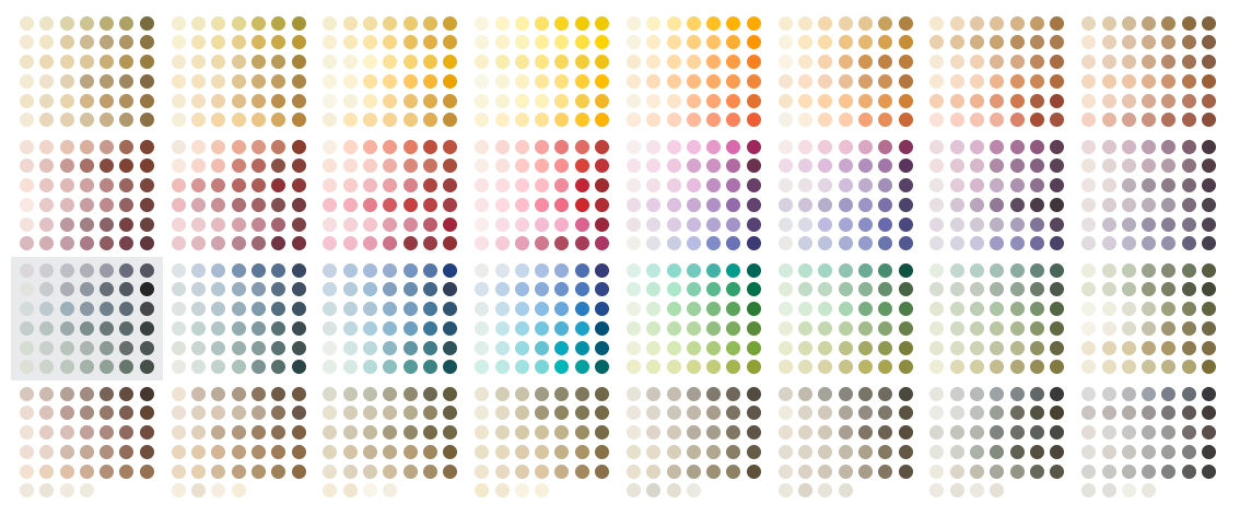 Grille de petits échantillons de couleurs présentant une palette pastel aux tons chauds, froids et neutres