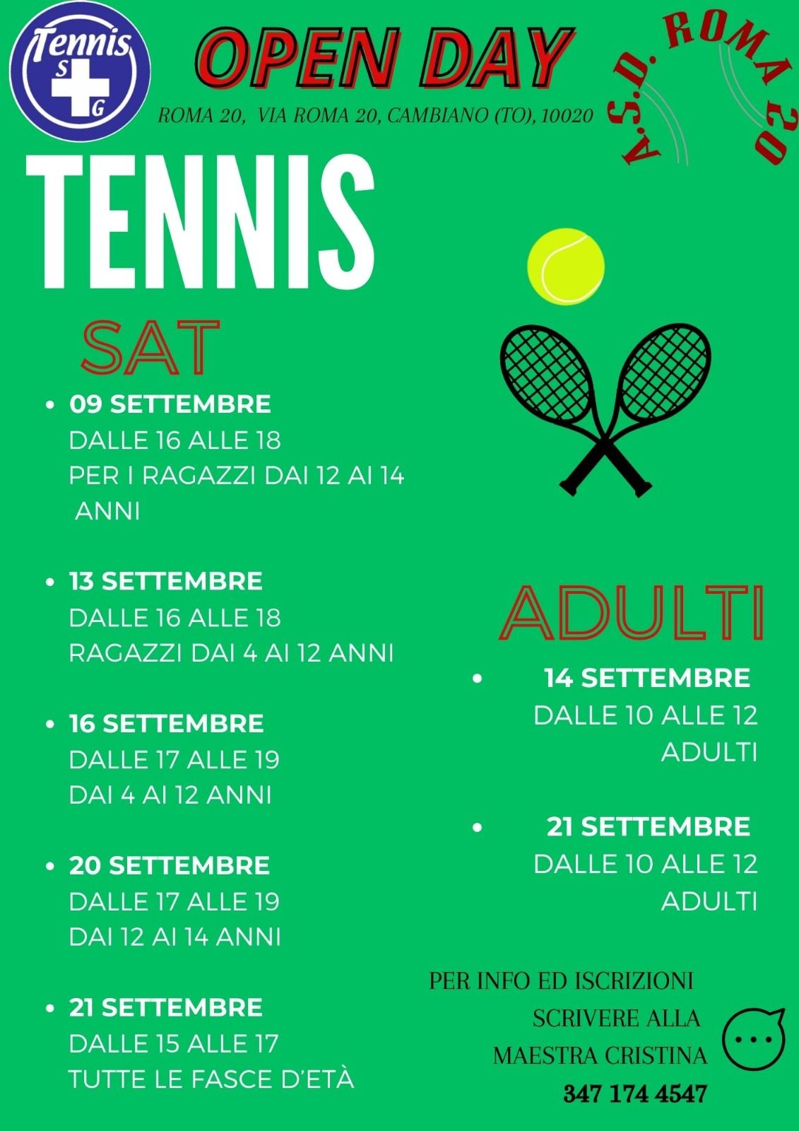 Volantino verde per l'Open Day di tennis con palline e racchette. Date e orari per bambini e adulti.