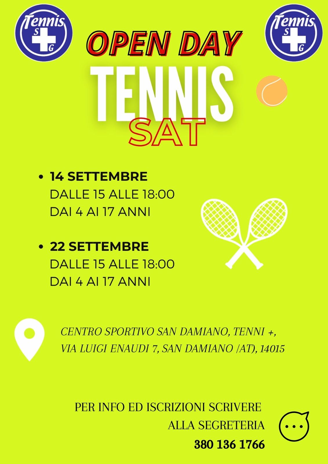 Open Day di tennis al Centro Sportivo San Damiano. 14 e 22 settembre, dalle 15:00 alle 18:00, età 4-17 anni. Manifesto giallo con palline da tennis e racchette.
