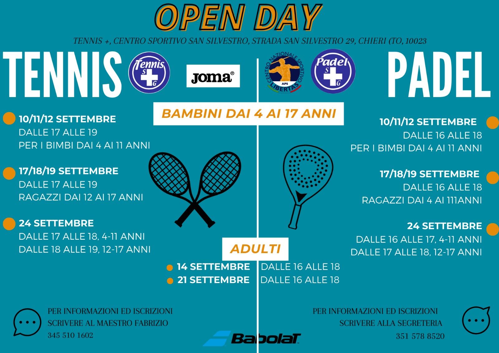 Giornata porte aperte per tennis e padel. Orari e date per bambini e adulti.