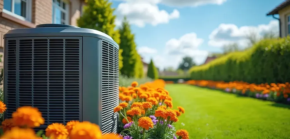 Outdoor air conditioner unit beside orange flowers in a sunny garden