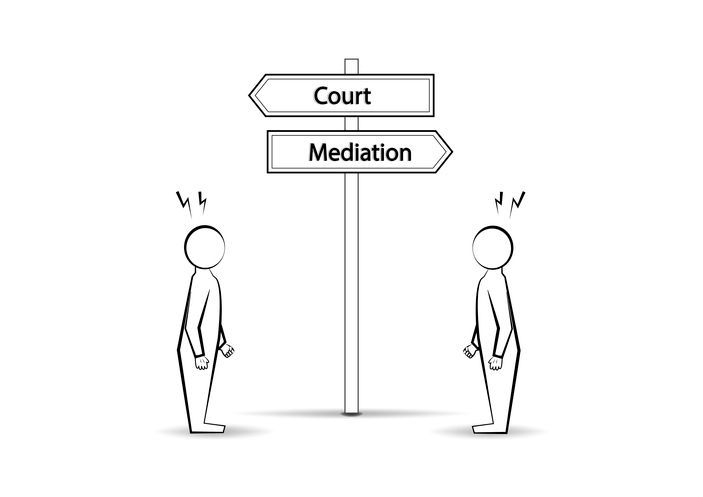 Two characters standing on either side of a sign with one side pointing to