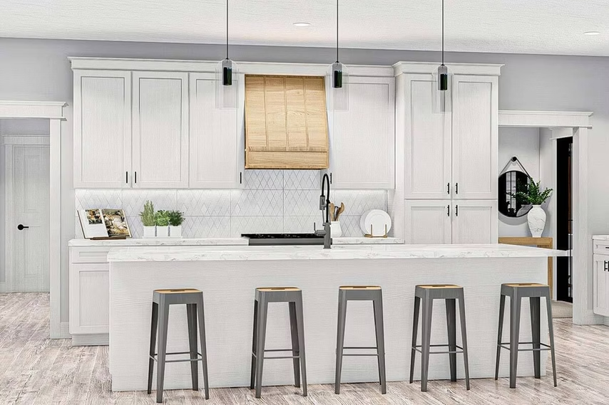 Bright white kitchen with island, five stools, and bamboo shade over the windowed sink area