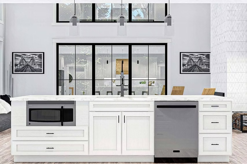 Modern white kitchen with a large island, black-framed windows, and built-in appliances