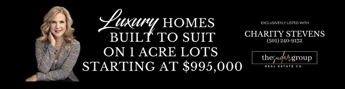 Luxury homes built to suit on acre lots, starting at $850,000, with real estate agent branding on black banner.