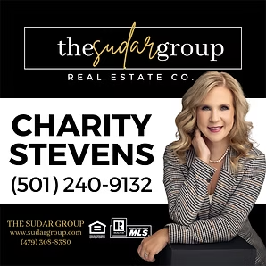 Real estate ad for Charity Stevens with phone number, Sudar Group logo, and portrait on black background