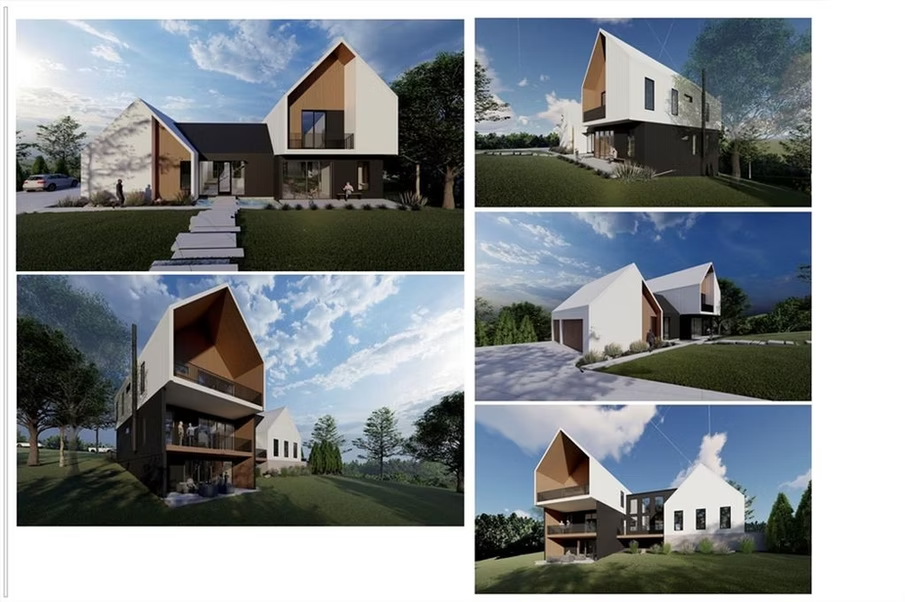 Collage of modern house exterior renderings with white walls, wood accents, and landscaped yard