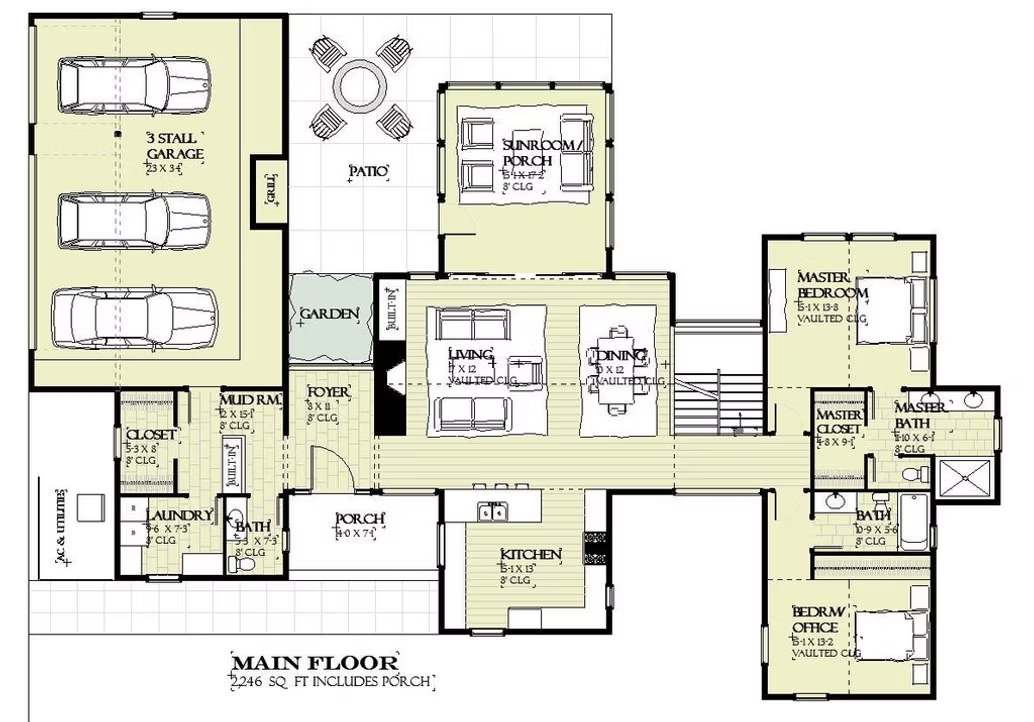 Main floor architectural floor plan with rooms, garage, and living spaces outlined in black and beige.