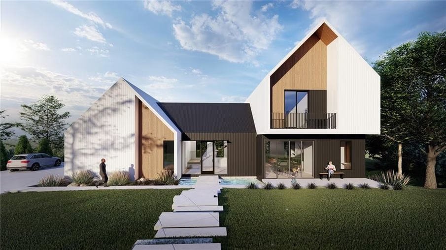 Modern white house with wood accents, a front walkway, lawn, and a blue sky background