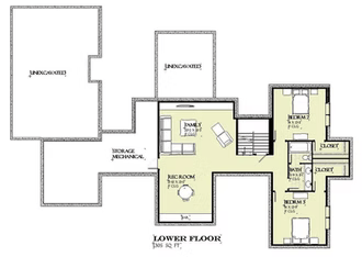 Lower-floor house floor plan with labeled rooms, stairs, and deck areas