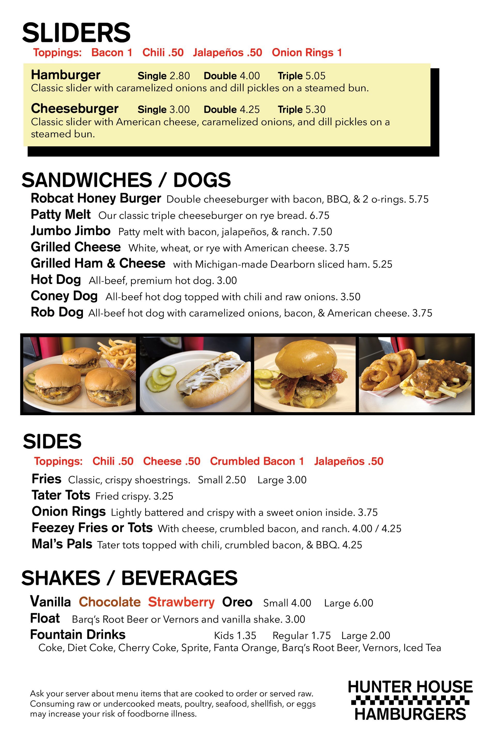 Hunter House Hamburgers Menu