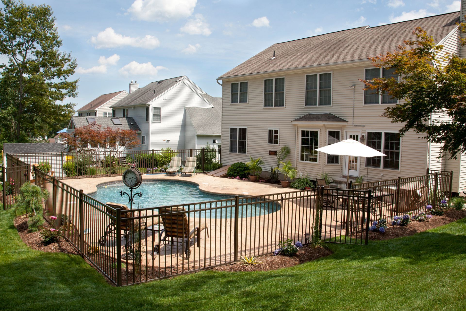 A large house with a large swimming pool in the backyard