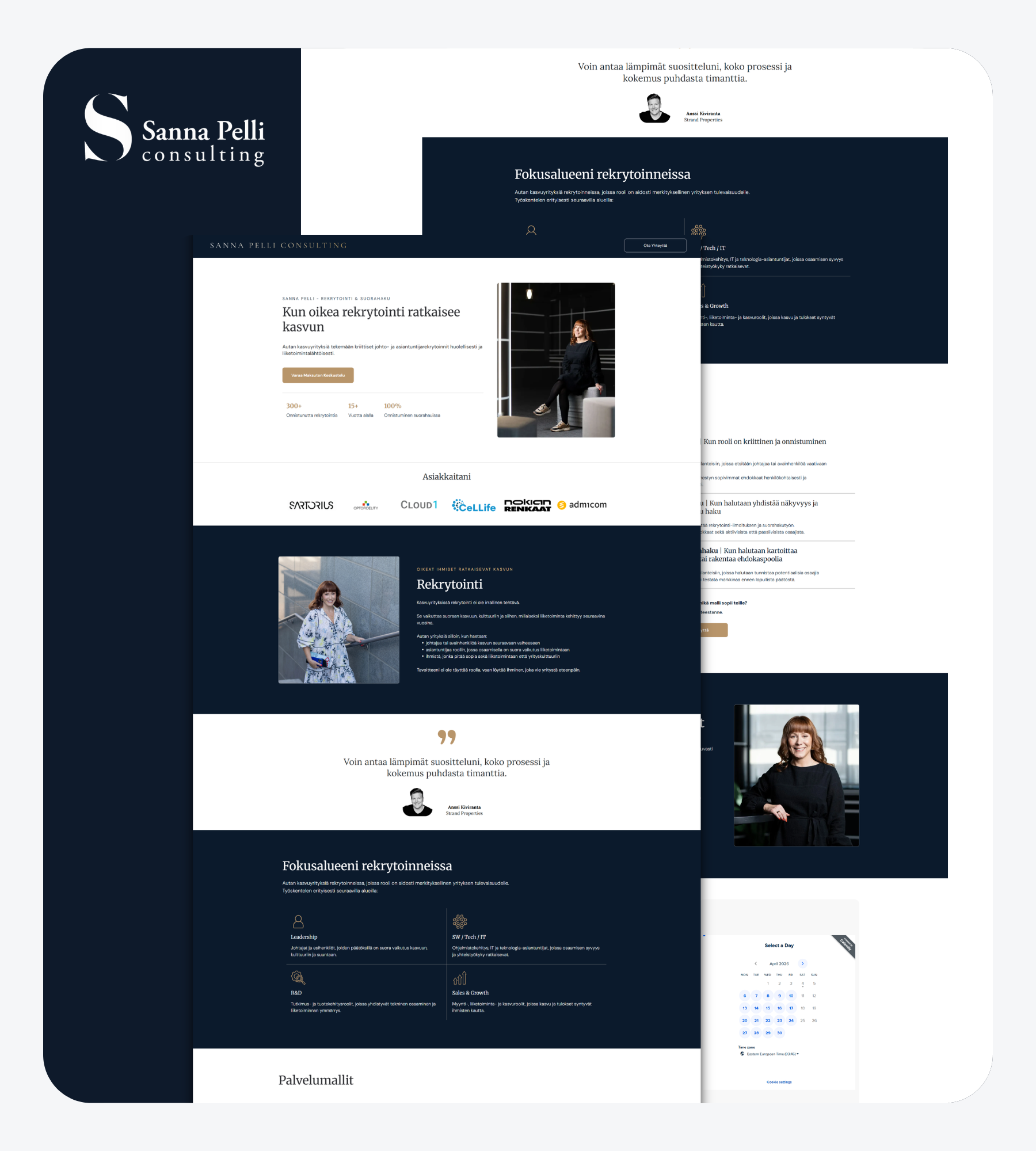 Website mockup: grayscale design for a consulting firm, featuring text, photos, and a calendar.
