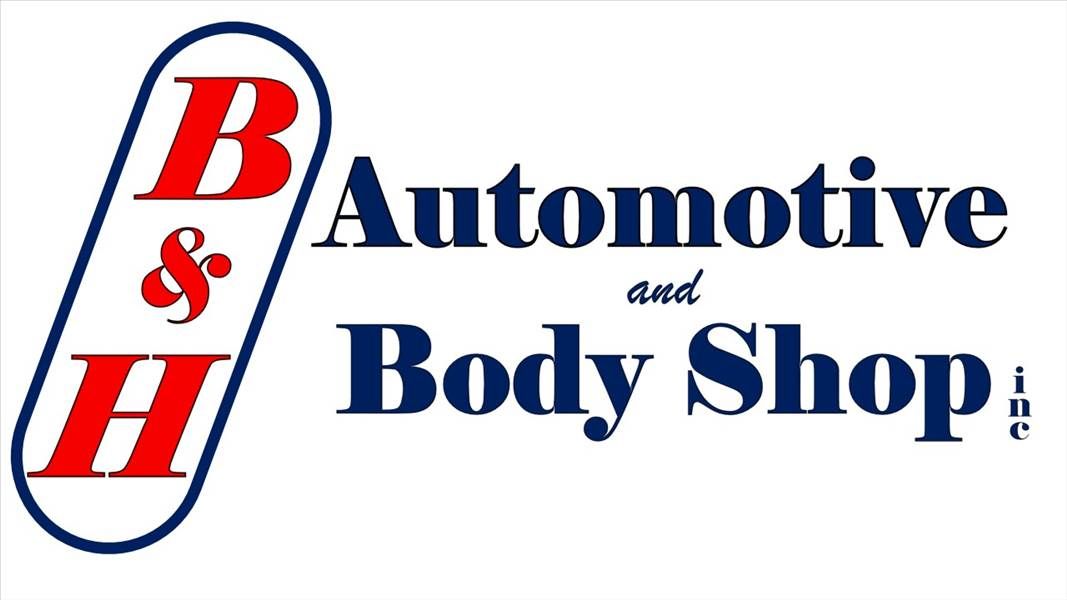 Logo for B & H Automotive and Body Shop, with red "B & H" inside a blue oval, and text "Automotive and Body Shop" in blue.