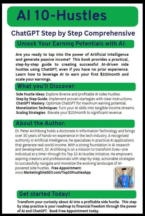 Book cover: AI 10-Hustles with ChatGPT guide, teal and green colors, author photo, promising income.