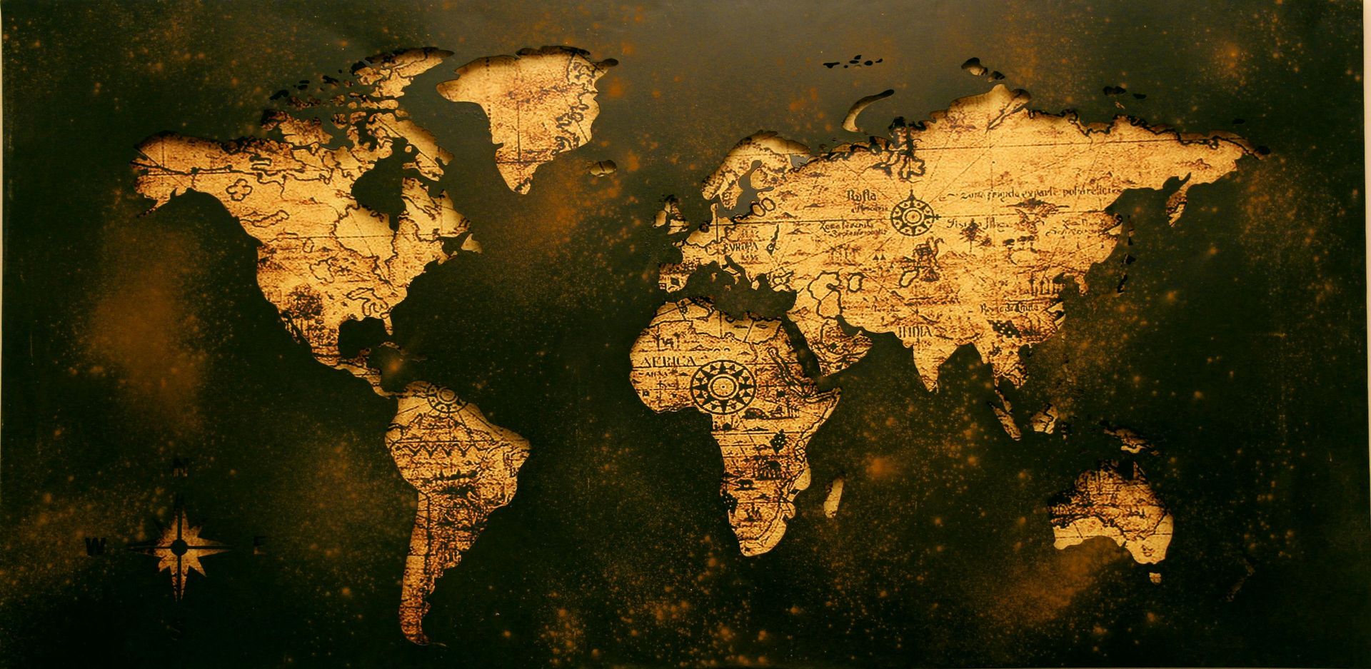 Antique-style world map with gold continents on a dark background, featuring a compass rose at the bottom left.