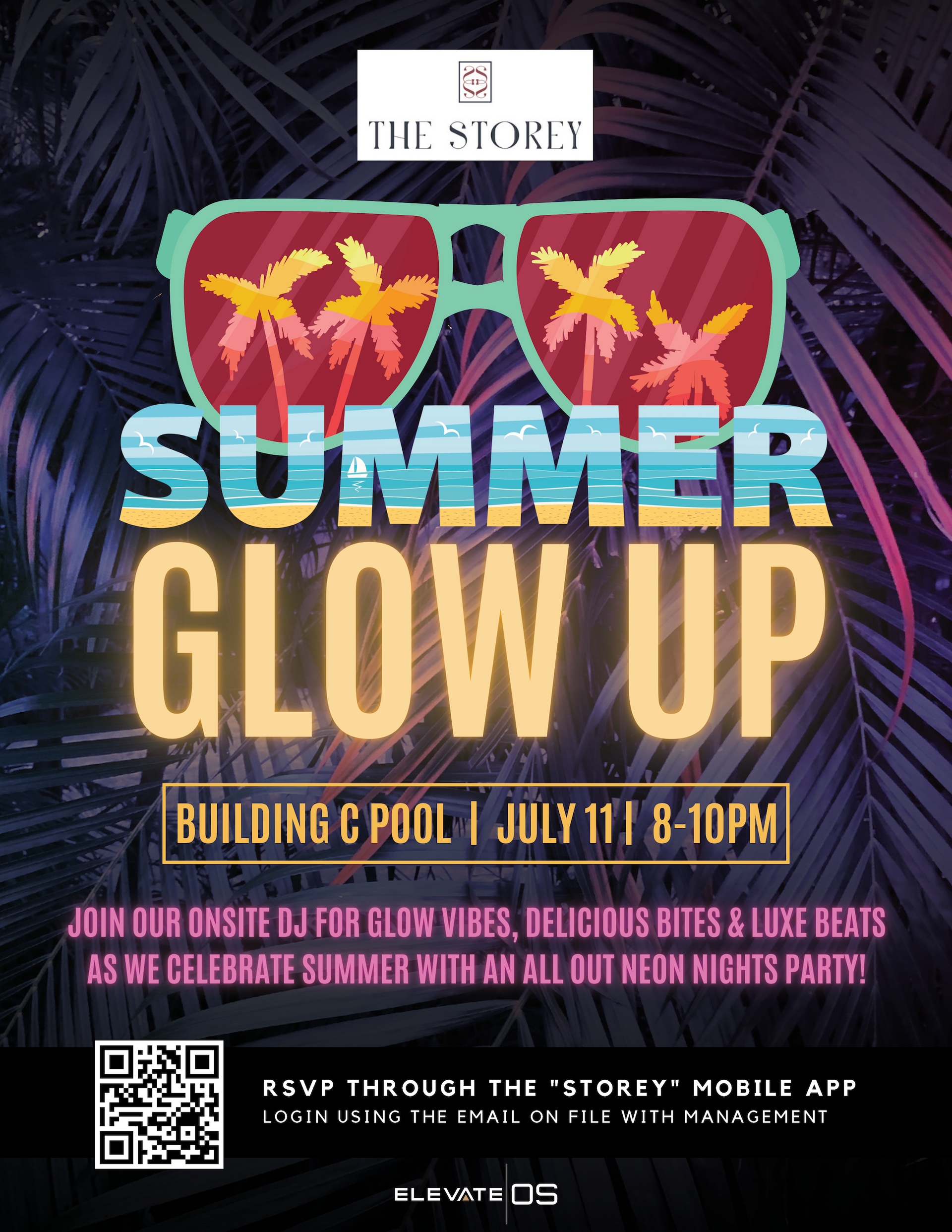 Summer Glow Up event poster with neon sunglasses, purple palms, and bold yellow-blue text on dark background