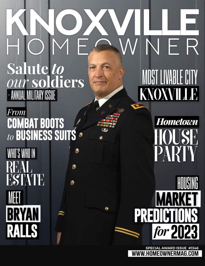 Knoxville Homeowner magazine cover with a man in military dress uniform and bold issue headlines
