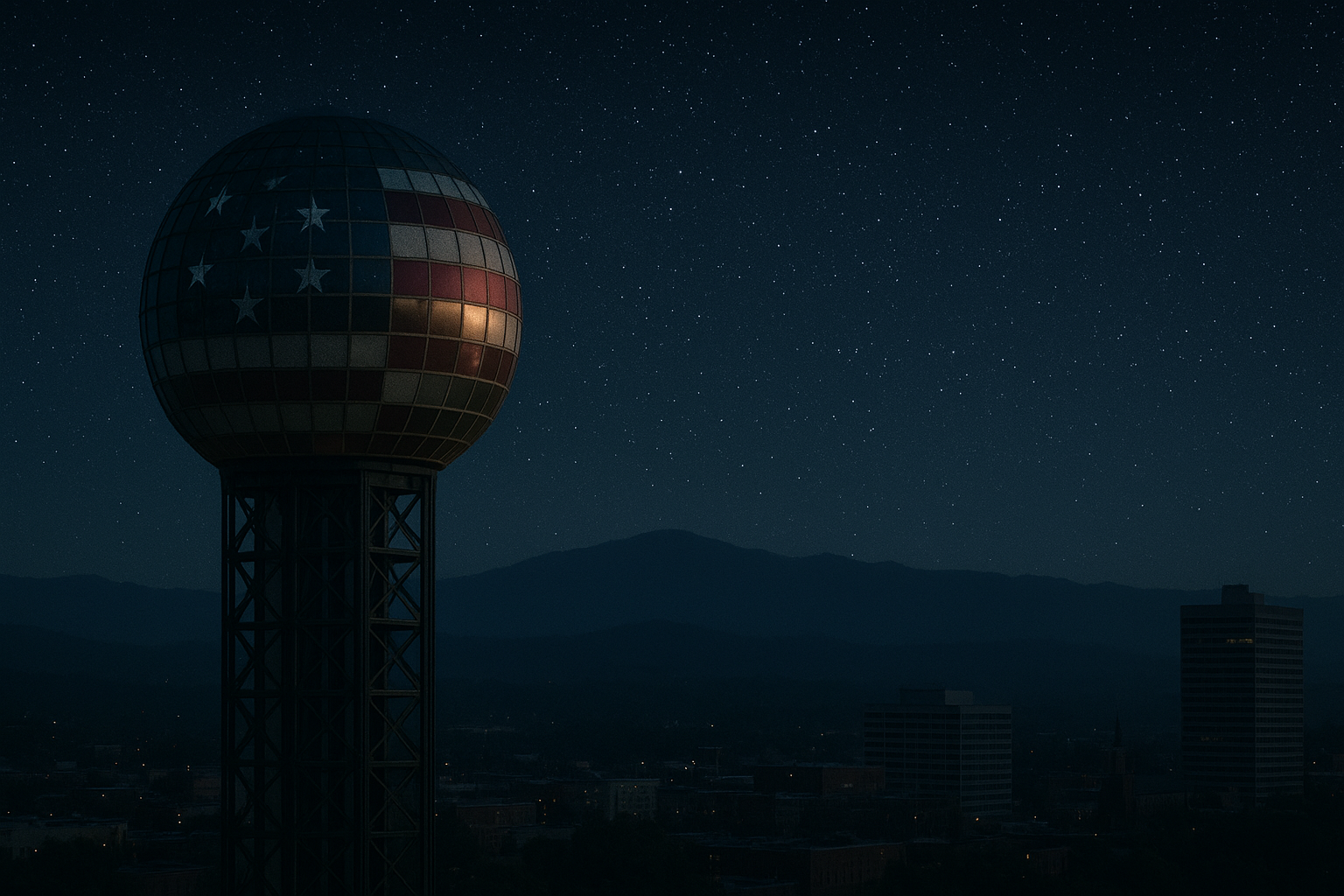 Night view of a spherical radar tower with a U.S. flag pattern, silhouetted against a starry sky.