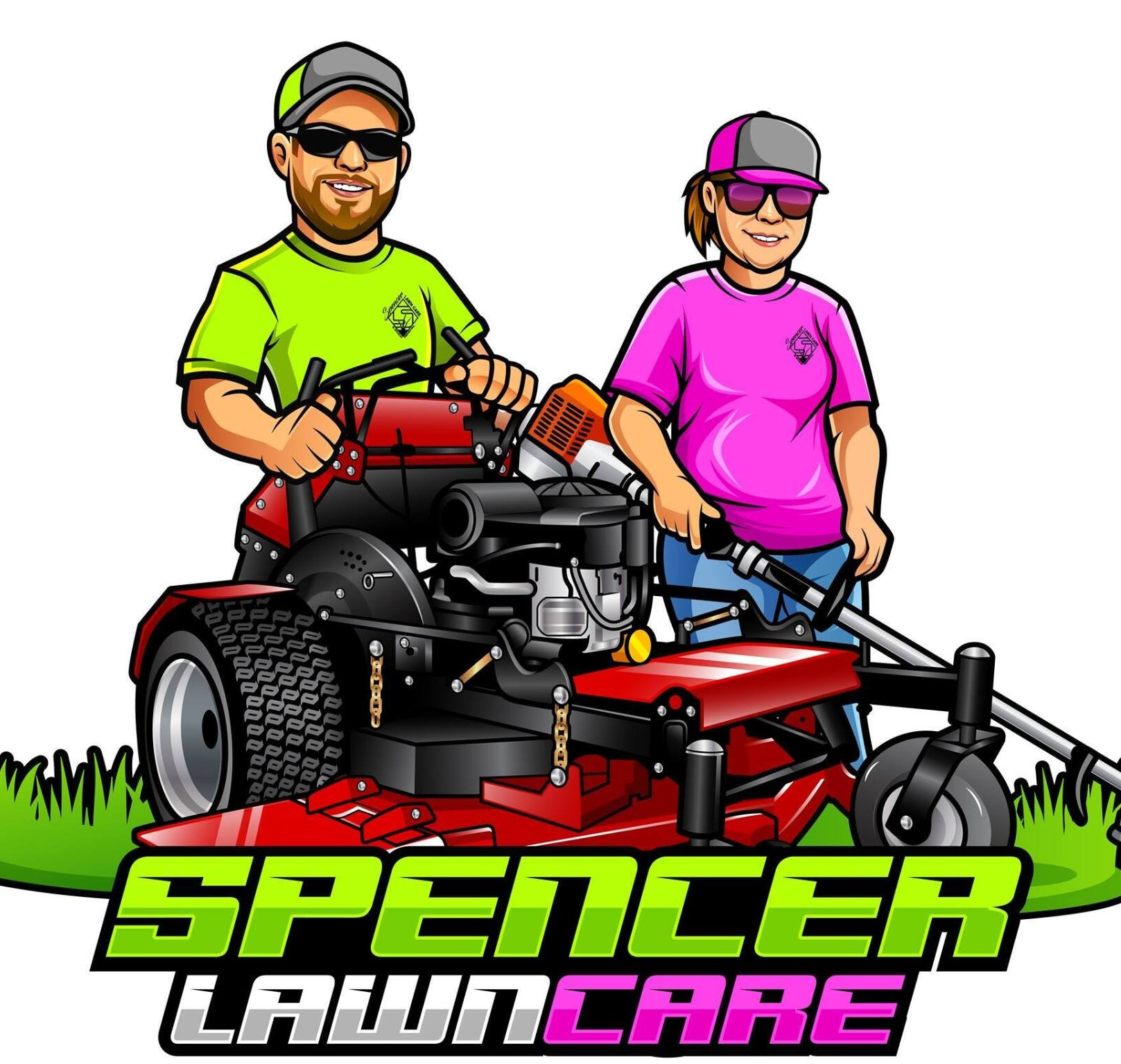 A man and a woman are standing next to a lawn mower.