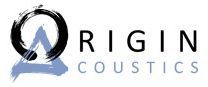 Origin Acoustics logo with stylized black and blue “O” icon and gray text on white background