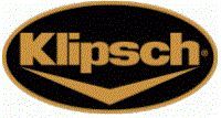 Klipsch logo in gold lettering on a black oval background with gold outline