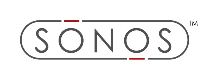 Sonos wordmark in black lowercase letters inside a rounded rectangle, with small red accent lines above and below.