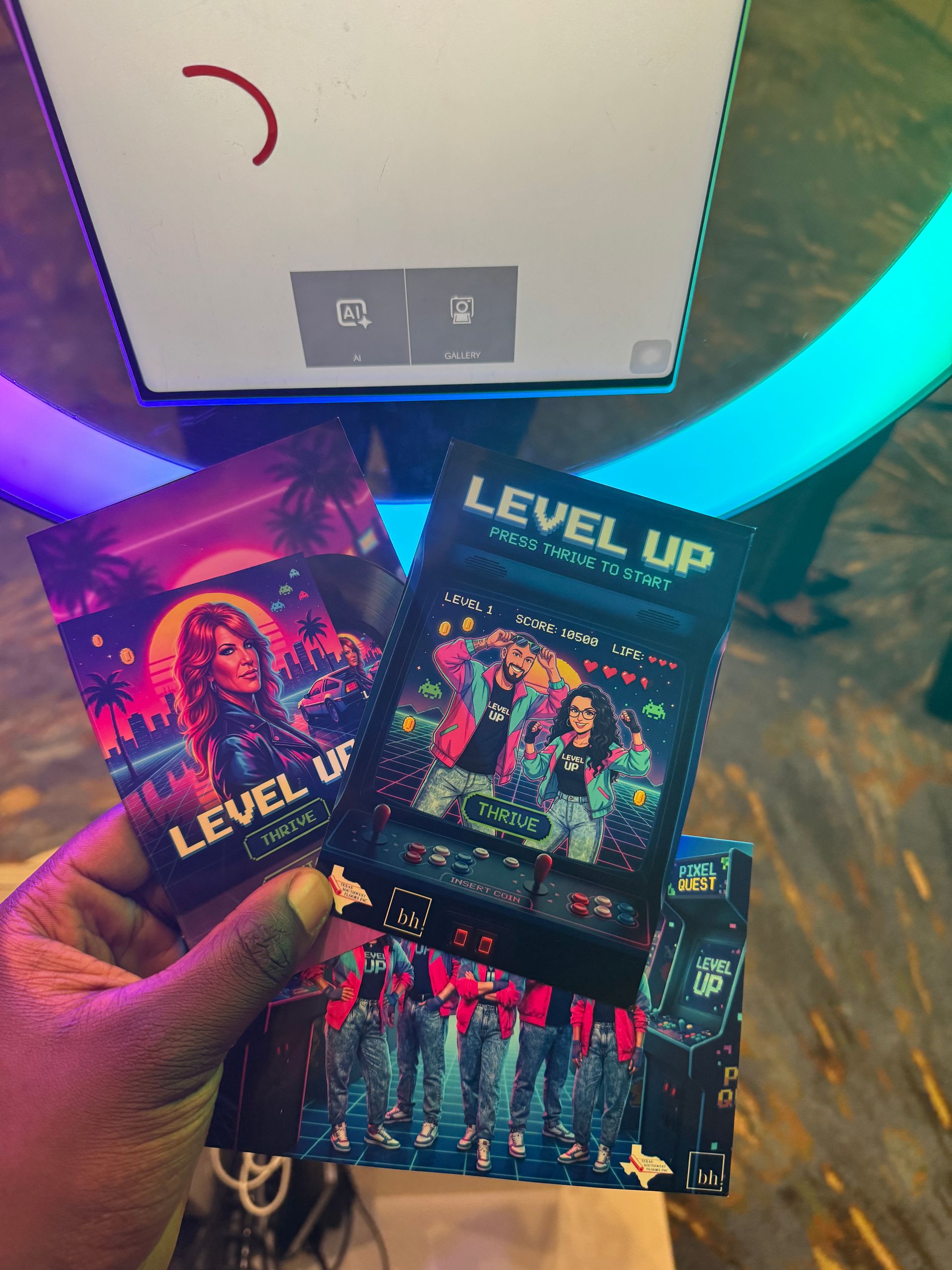 Guest posing in AI superhero photo booth with custom digital effects