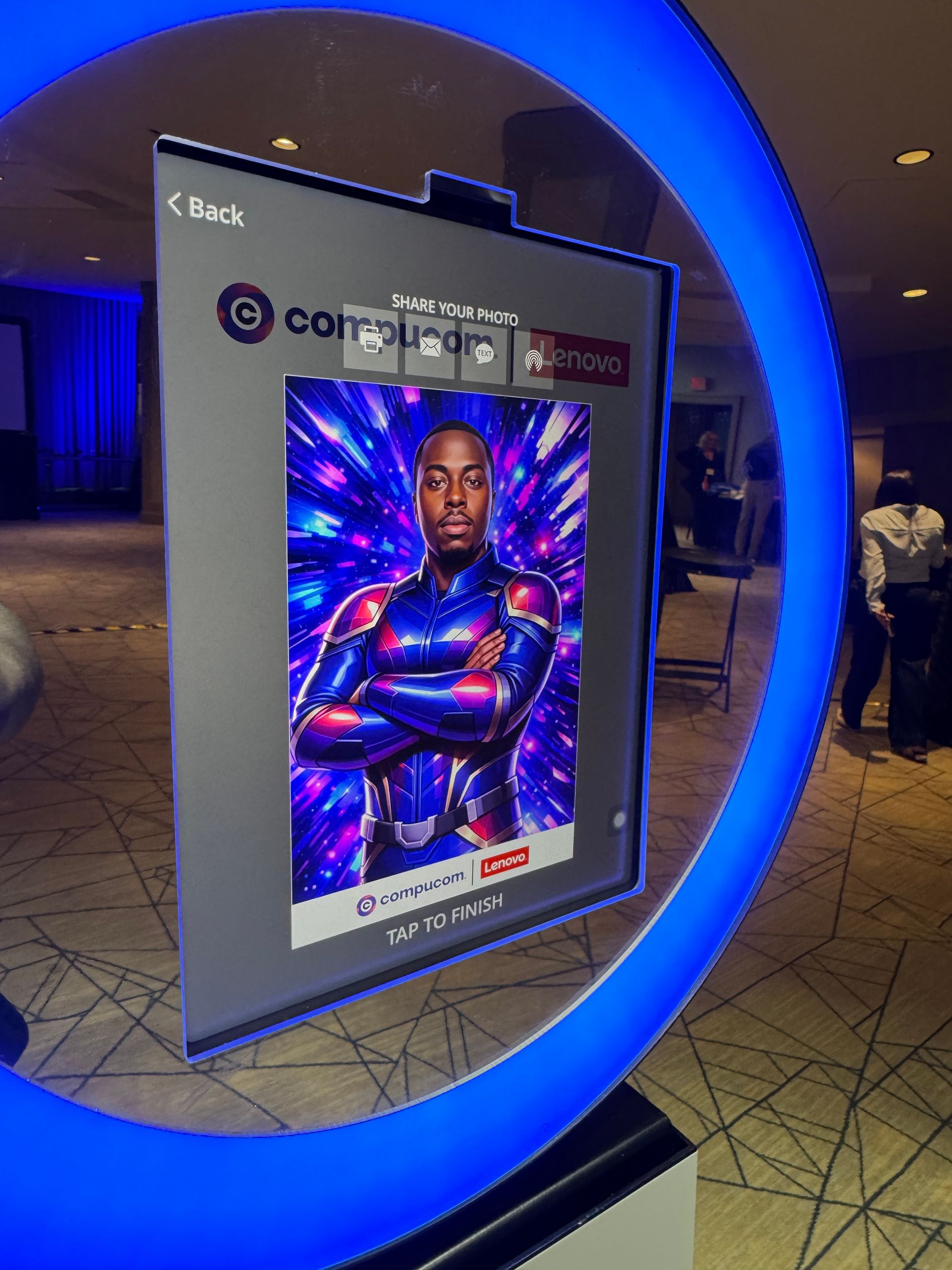 Guest posing in AI superhero photo booth with custom digital effects