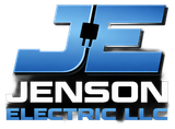 Blue and white Jenson Electric logo on black background with a stylized “JE” and plug icon.