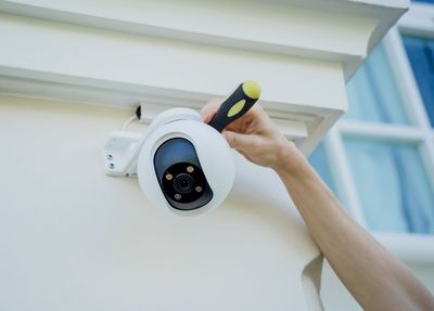 Hand installing a white outdoor security camera under a house eave with a screwdriver