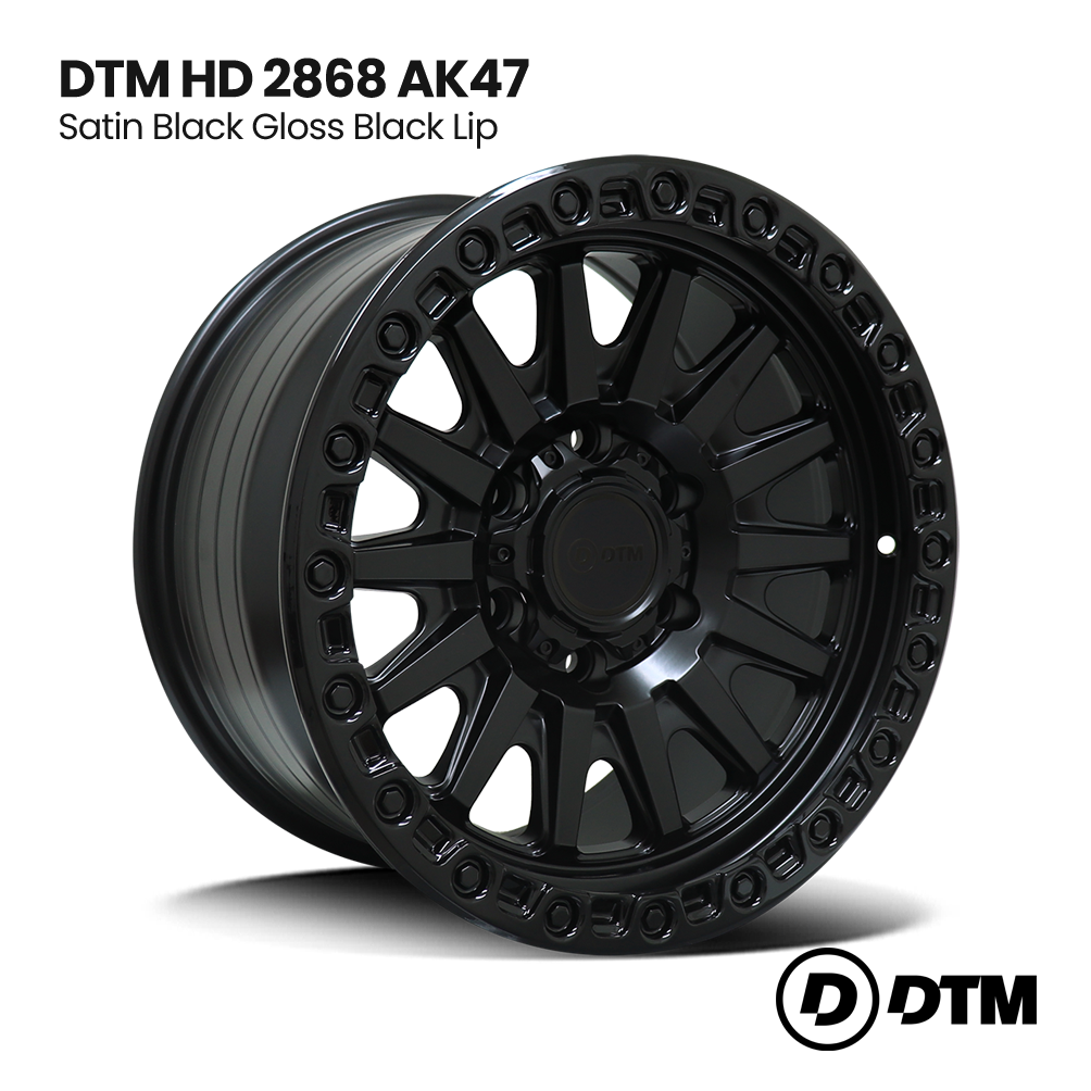 Black satin gloss DTM AK47 wheel rim with black multi-spoke design and bold lip, shown on white background
