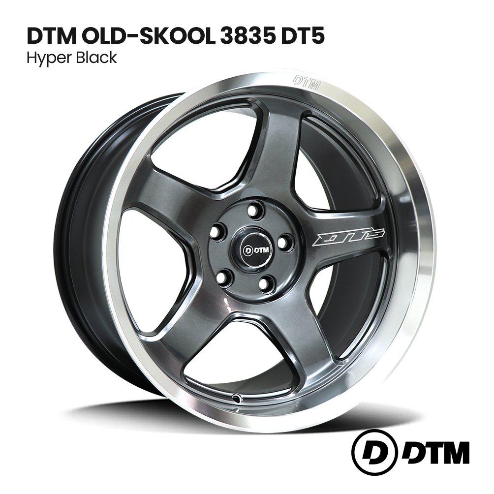 DTM OLD-SKOOL 3835 DT5 Hyper Black alloy wheel on white background with DTM logo